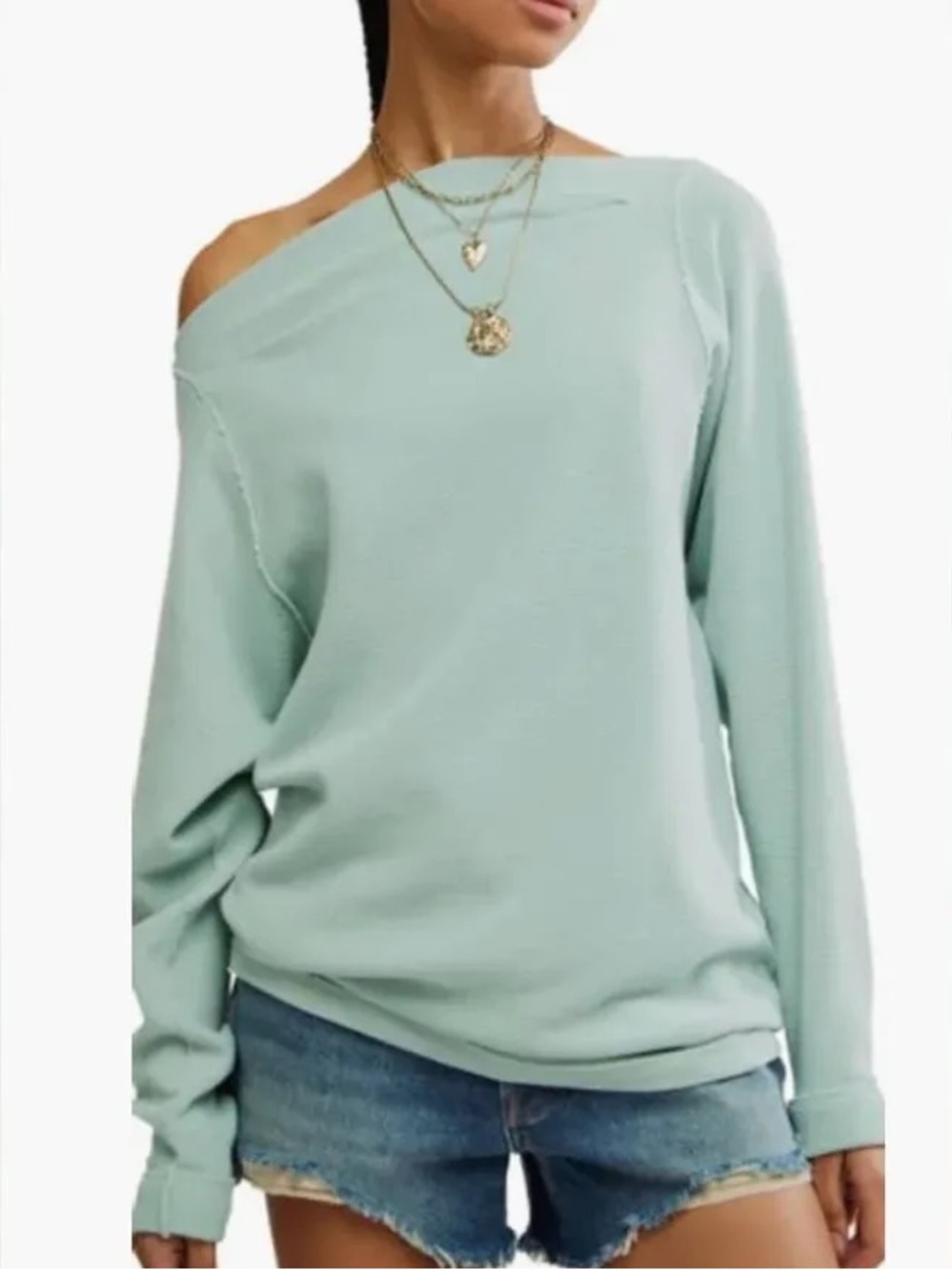 Free People- We The Free- Sammie Off The Shoulder Mint Green Thermal Top